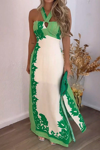 Unique Print Halter Neck Hollow Back Tie Maxi Dress