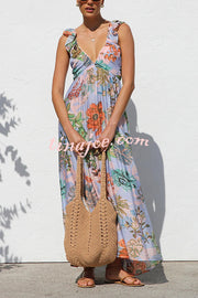 Unique Printed V-neck Ruffled Straps Pleated Back Maxi Dress