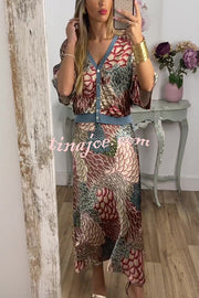 Harlen Satin Unique Printed Loose Shirt Top and Elastic Waist Maxi Skirt Set