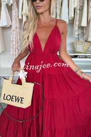 Bohemian Style V-neck Backless Slip Layered Vacation Maxi Dress