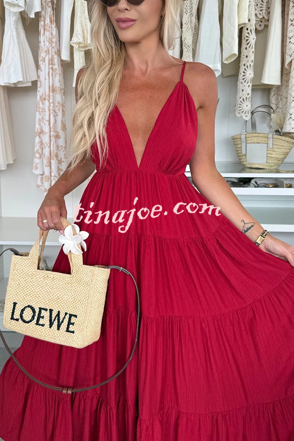 Bohemian Style V-neck Backless Slip Layered Vacation Maxi Dress