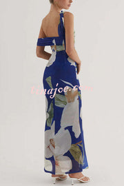 Drama Elegance Mesh Floral One Shoulder Ruched Stretch Maxi Dress