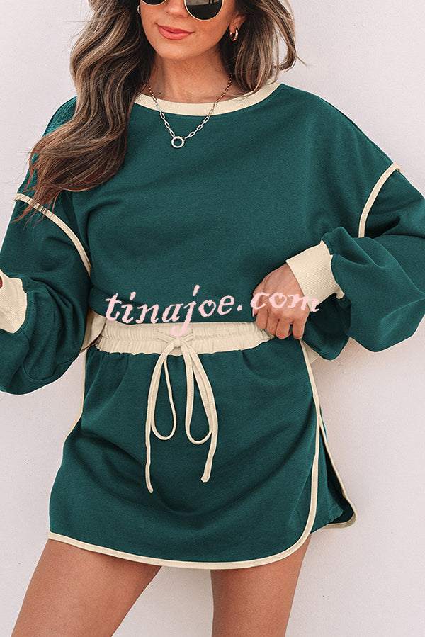 Fashion Round Neck Long Sleeve Spliced Casual Top and Elastic Waist Loose Shorts Set