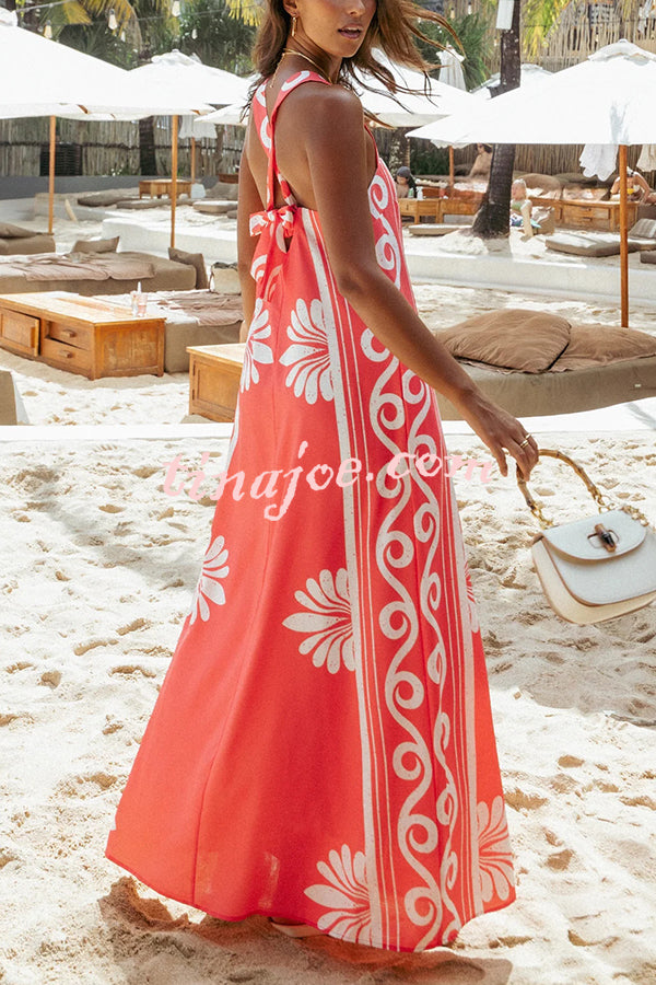 Unique Print Square Neck Open Back Tie Bow Holiday Maxi Dress