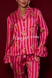Festive Season Long Candy Stripe Tiered Bell Cuffs Elastic Waist Pocketed Pajama Set