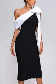 Elegant Evening Look One Shoulder Bandage Bow Stretch Midi Dress