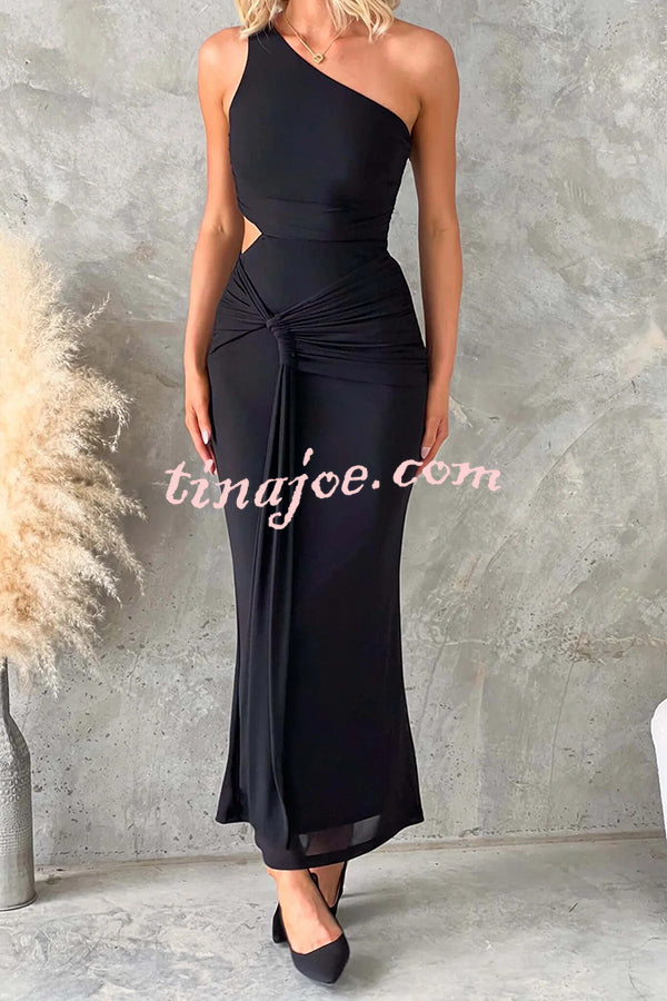 Solid Color Elegant Mesh One Shoulder Sexy Waist Hollow Out Maxi Dress