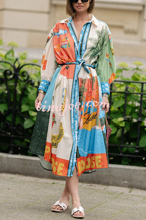 Unique Printed Lantern Sleeve Drawstring Shirt Resort Style Midi Dress