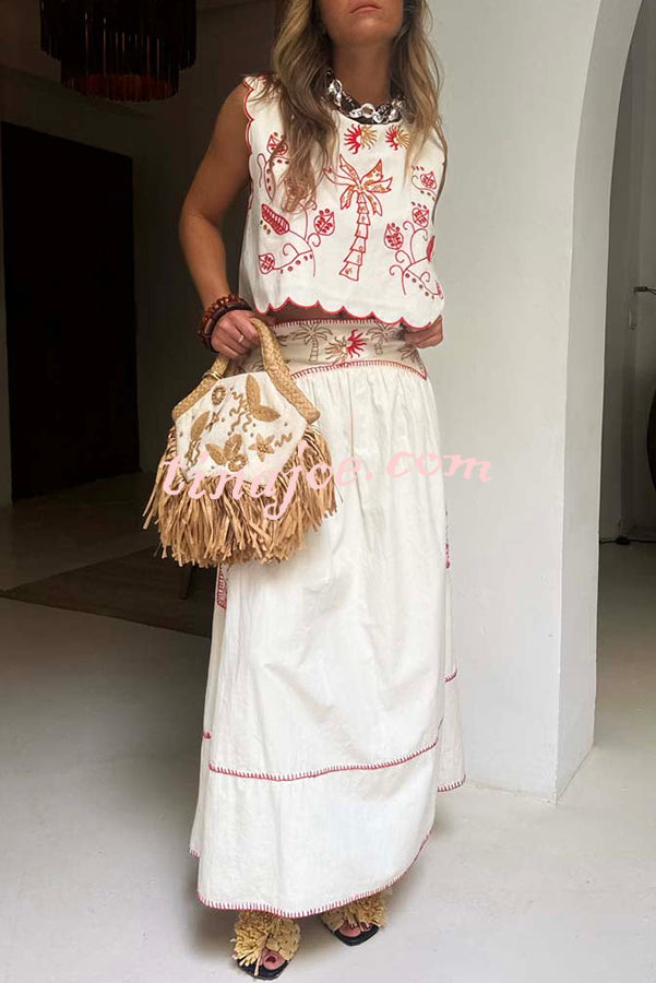 Sunny Day Linen Blend Contrast Embroidered Print Smocked Waist A-line Maxi Skirt