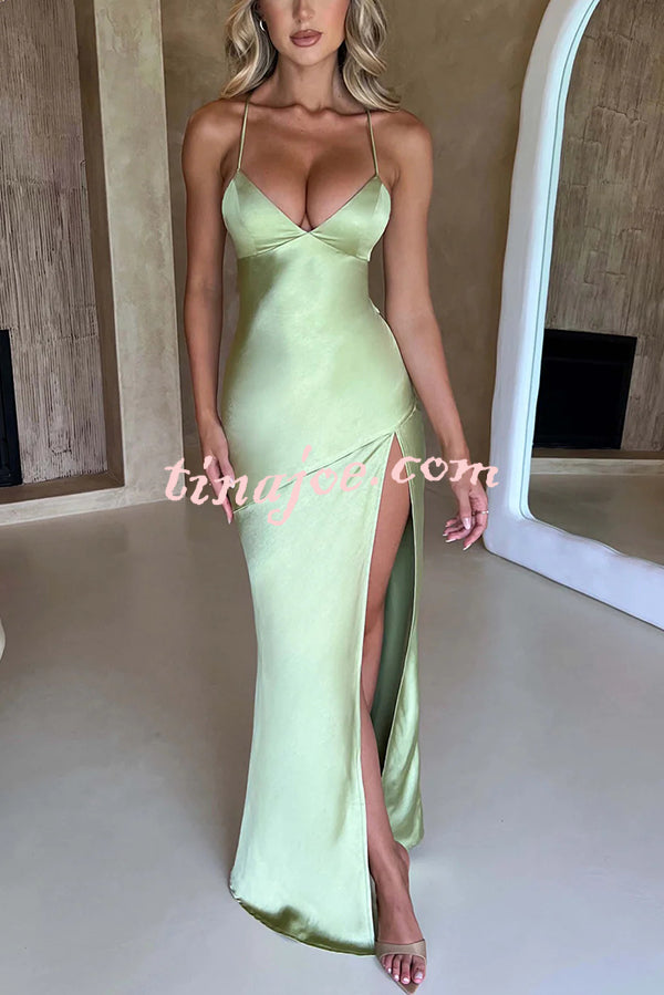 Satin Solid Color Sexy Backless Lace Up High Slit Maxi Dress