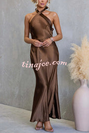 Satin Fashion Halter Backless Slim Elegant Maxi Dress