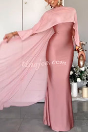 Party Charm Satin Sheer Chiffon High Low Cape Slip Maxi Dress