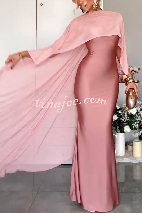 Party Charm Satin Sheer Chiffon High Low Cape Slip Maxi Dress