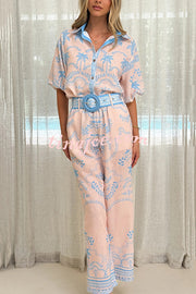 Linen Blend Lapel Puff Sleeve Loose Shirt and Casual Pocket Straight Pants Set