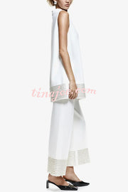 Simple But Not Simple Sequin Trim High Neck Sleeveless A-line Top