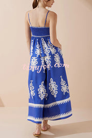 Unique Ethnic Print Suspender Pleated Top and Elastic Waist Loose Wide-leg Pants Set