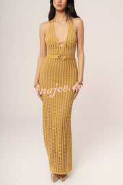 Ocean Dream Crochet Knit Golden Decoration Halter Stretch Maxi Dress