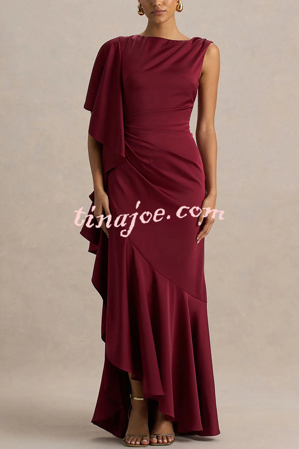 Freya Satin Boat Neck Waterfall Frill Sleeve Drape Maxi Dress