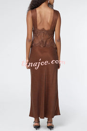 Wonderful Fusion Satin Lace Trim Poka Dot V-neck Drape Maxi Dress