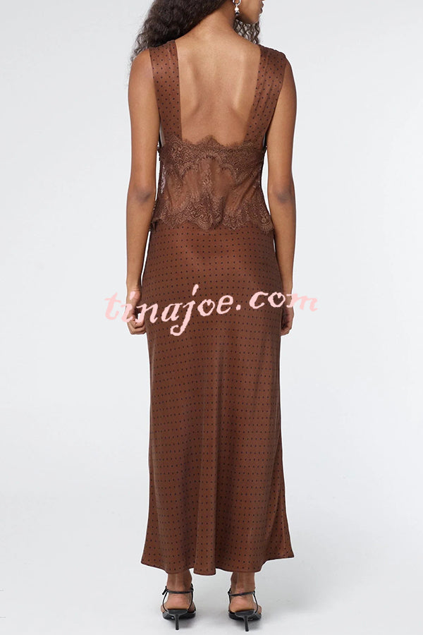 Wonderful Fusion Satin Lace Trim Poka Dot V-neck Drape Maxi Dress