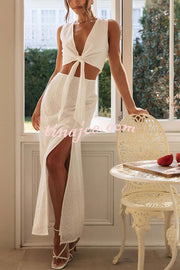 Solid Color Hollow Embroidery V-neck Lace-up Top and Slit Maxi Skirt Set