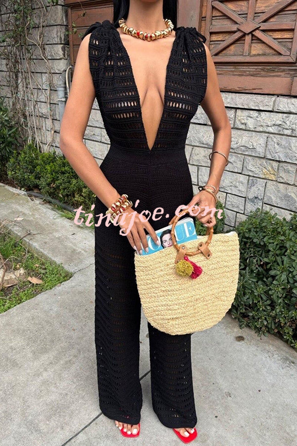 Solid Color Knitted V-neck Holiday Hollow Casual Jumpsuit