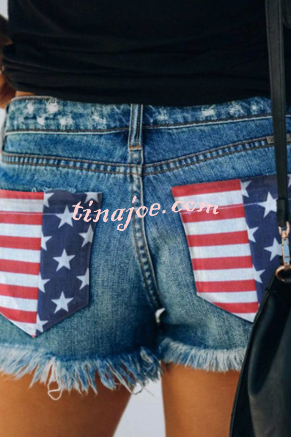 Independence Day American Flag Print Bottom Tassel Denim Pocket Shorts