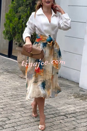 Jiles Linen Blend Unique Contrast Print Long Sleeve Tie-up Pocket Shirt Midi Dress