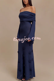 Timeless Sophistication Knit Off Shoulder Rose Detail Stretch Maxi Dress