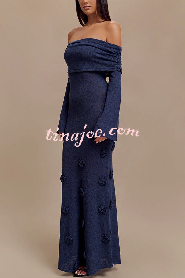 Timeless Sophistication Knit Off Shoulder Rose Detail Stretch Maxi Dress