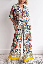 Linen Blend Unique Print Loose Short Sleeve Shirt and Elastic Waist Tie Pocket Pants Set