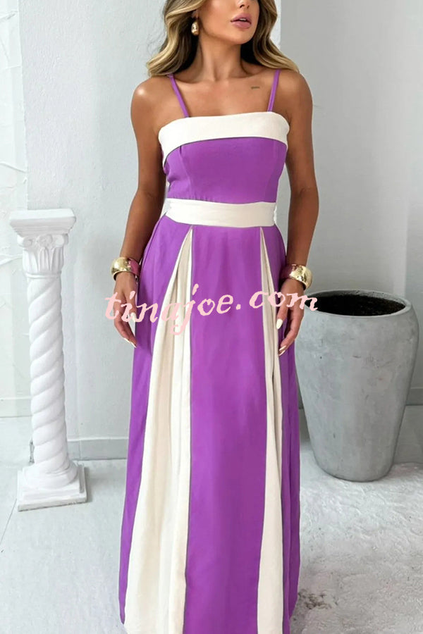 Fashion Contrast Color Sling Back Pleated Lace Up Maxi Dress