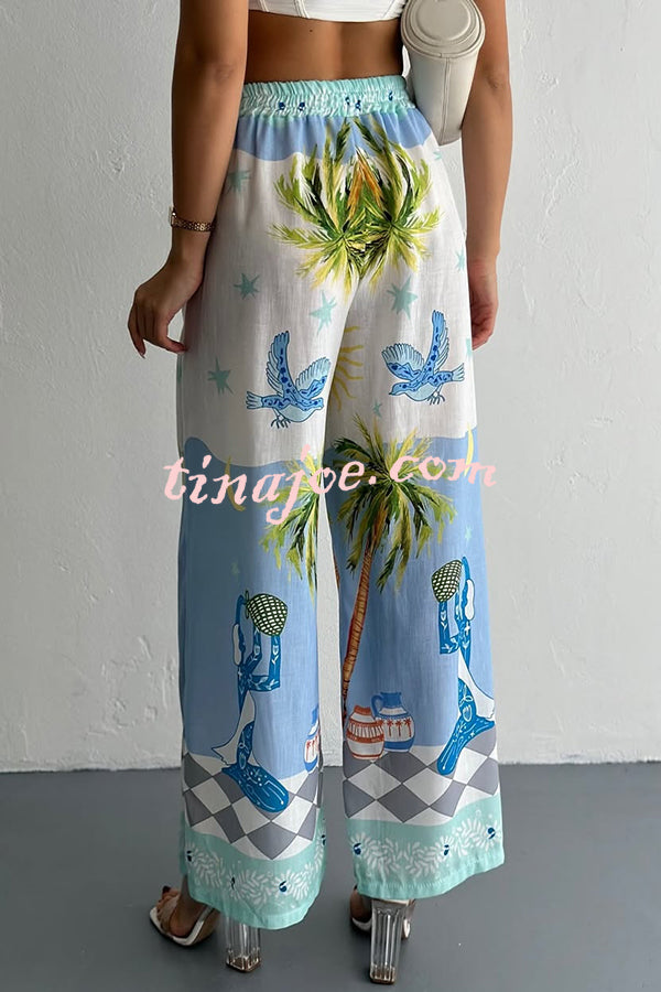 Holiday Style Print Loose Long Sleeve Shirt and Elastic Waist Loose Pocket Wide Leg Pants Set