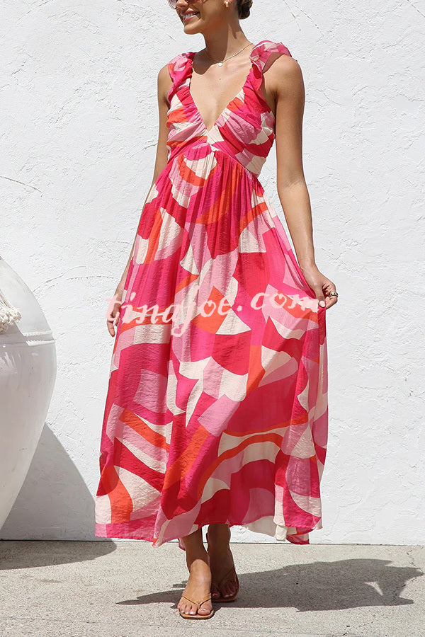 Unique Printed V-neck Ruffled Straps Pleated Back Maxi Dress