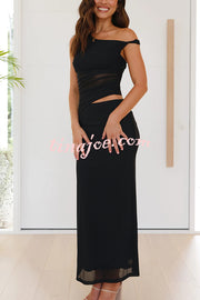 Solid Color Mesh Splicing Waist-baring Slim Maxi Dress