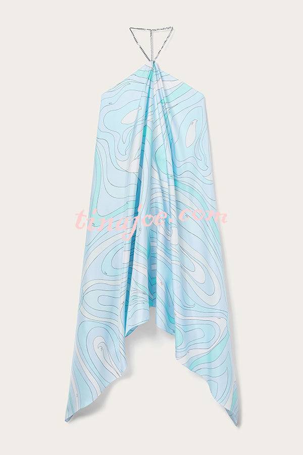 Elmhurst Satin Unique Print Chain Halter Draped Scarf Midi Dress