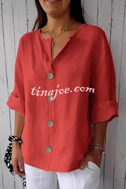 Solid Color V-neck Loose Button Top