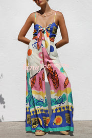 Unique Printed Back Pleated Suspenders Loose Pocket Wide-leg Jumpsuit