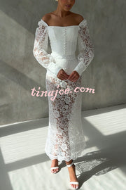 Timeless Moment Floral Lace Square Neck Button Up Balloon Sleeve Top