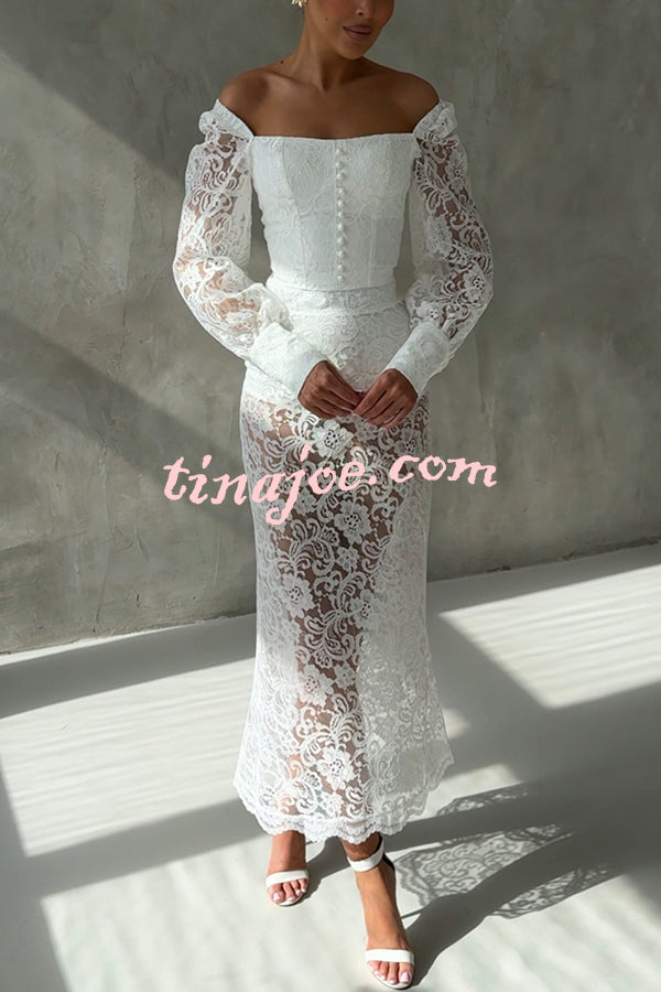 Timeless Moment Floral Lace Square Neck Button Up Balloon Sleeve Top