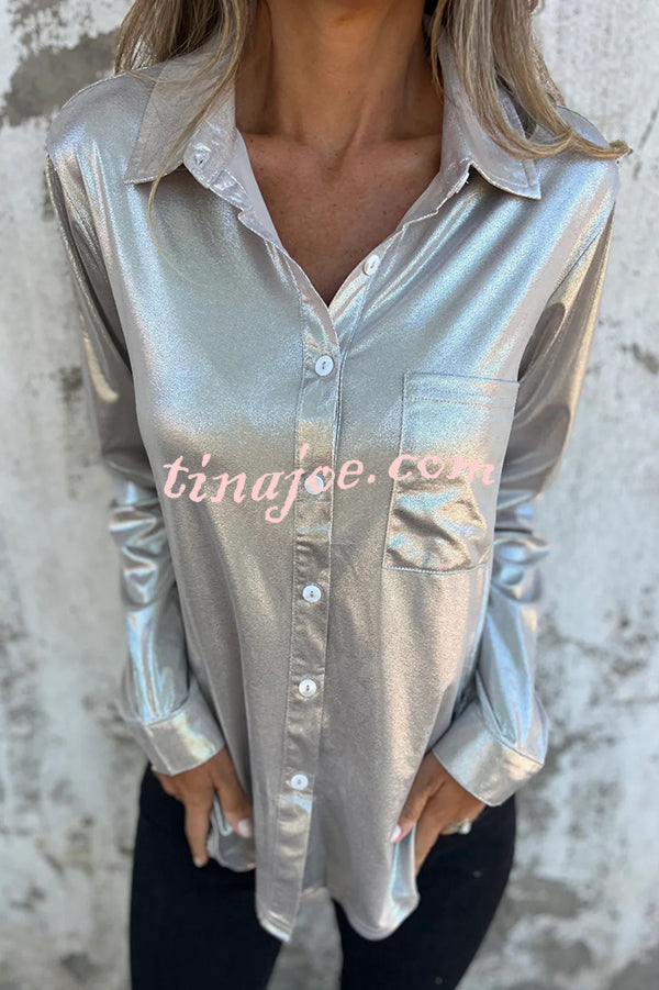 Holiday Look Solid Metallic Loose Pocket Button-down Blouse