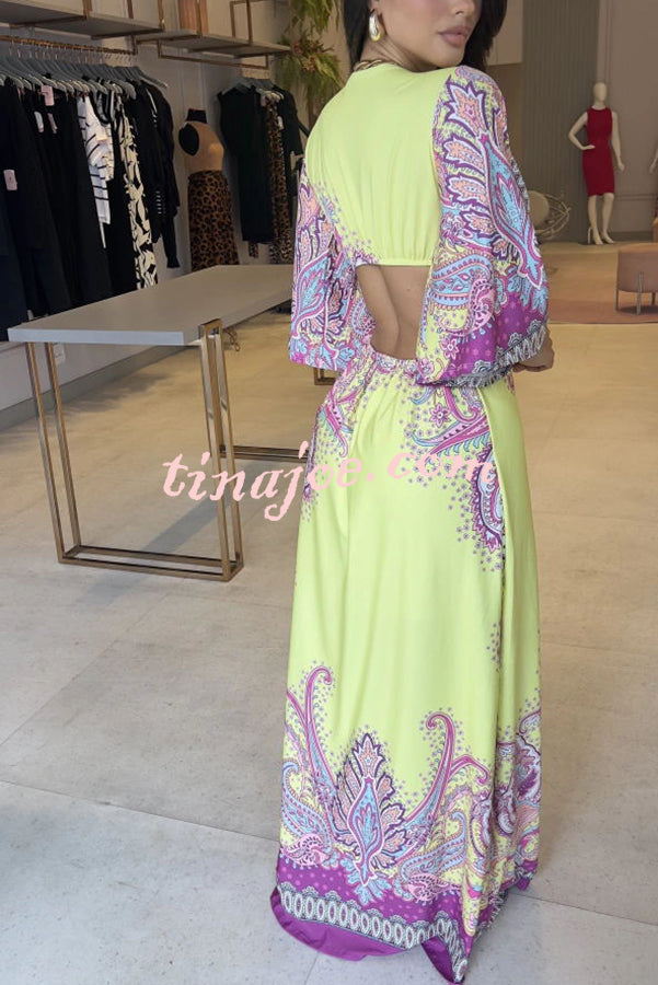 Stand Out and Shine Palace Style Print Bell Sleeve Backless Vacation Maxi Dress