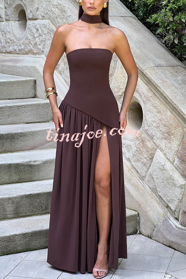 Elegant Off Shopulder Chiffon Pleated Hem Scarf Slit Maxi Dress