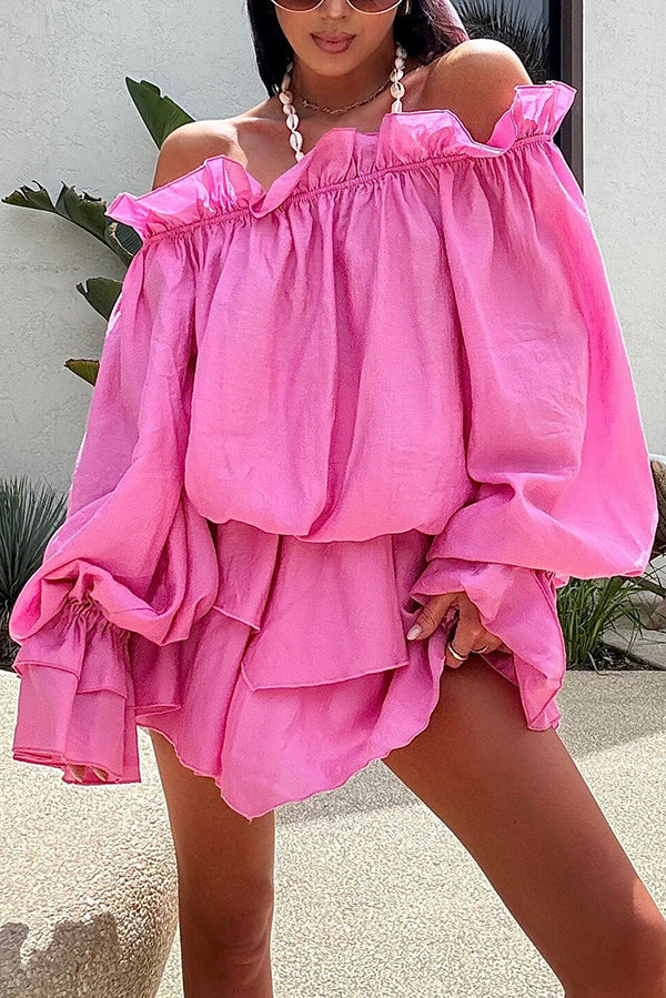 Arnell Linen Blend Off Shoulder Balloon Sleeve Shirt and Elastic Waist Layered Shorts Set
