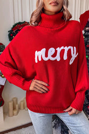 Happy Holidays Contrast Monogram Turtleneck Dolman Sleeve Sweater