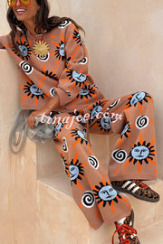 Mediterranean Art Knit Unique Sun Vortex Print Elastic Waist Wide Leg Pants