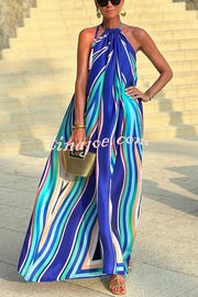 Phuket Dinner Colorful Wave Print Tassel Halter Maxi Dress