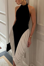 Daija Contrast Color Halter Neck Backless Side Ruched Drape Midi Dress