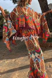 Colorful Day Unique Print Loose Cape and Elastic Waist Pocketed Pants Set