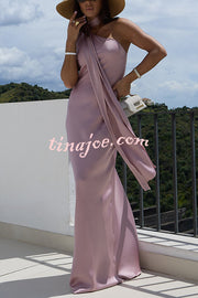 Cheers Babe Satin Solid Color Elegant One Shoulder Tie Maxi Dress